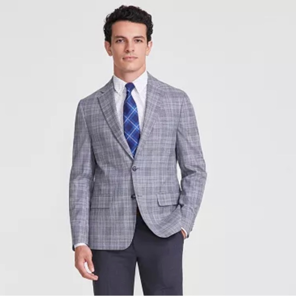 Tommy‎ Hilfiger Sport Coat Blazer Suit Jacket Light Grey Blue Plaid Stretch
